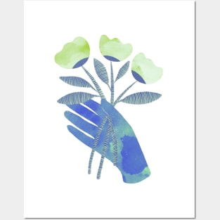 Blue hand with green flowers for you Posters and Art